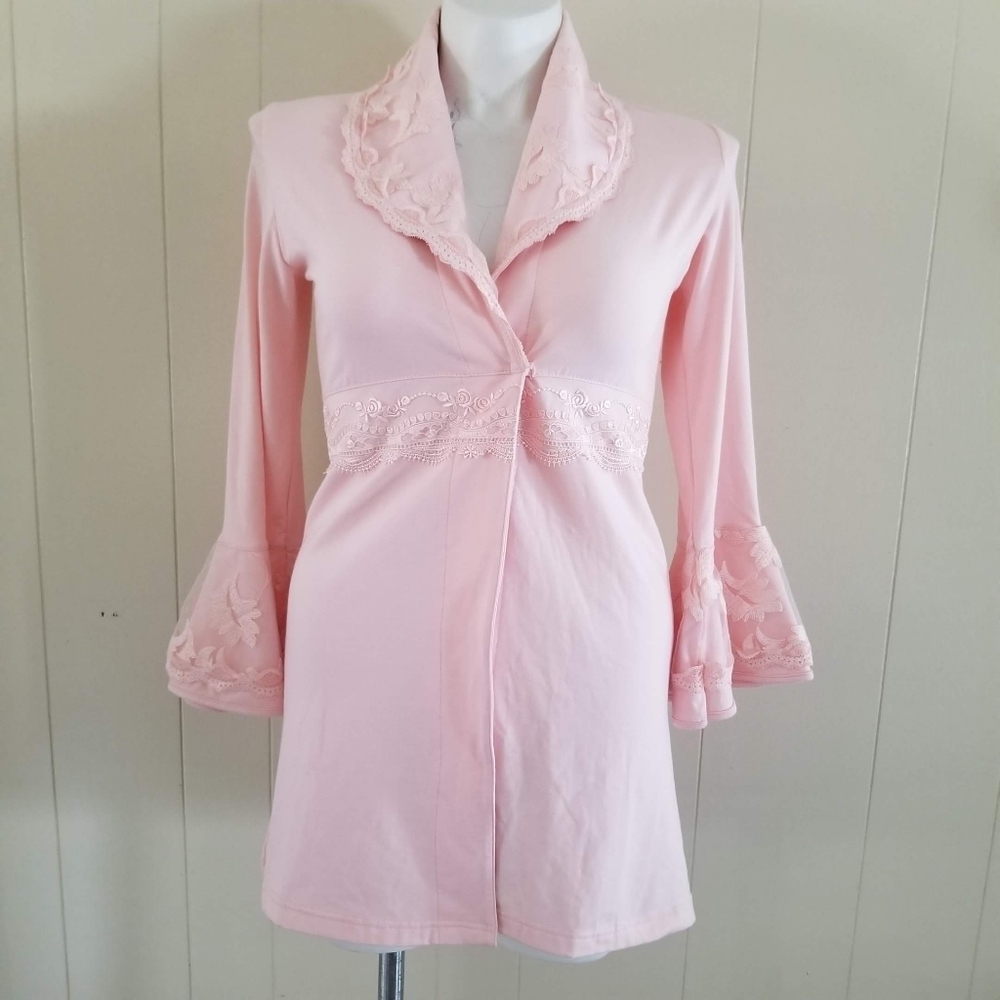 Vintage Tuba Collection Pink Lace Robe Kimono Sleeve Scalloped Trim Size S - Picture 2 of 12